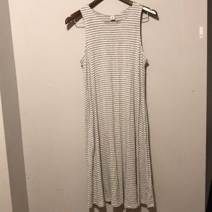 Jersey knit, T-shirt swing dress. Size M, tall. Hangs long. Stripes. Slimming